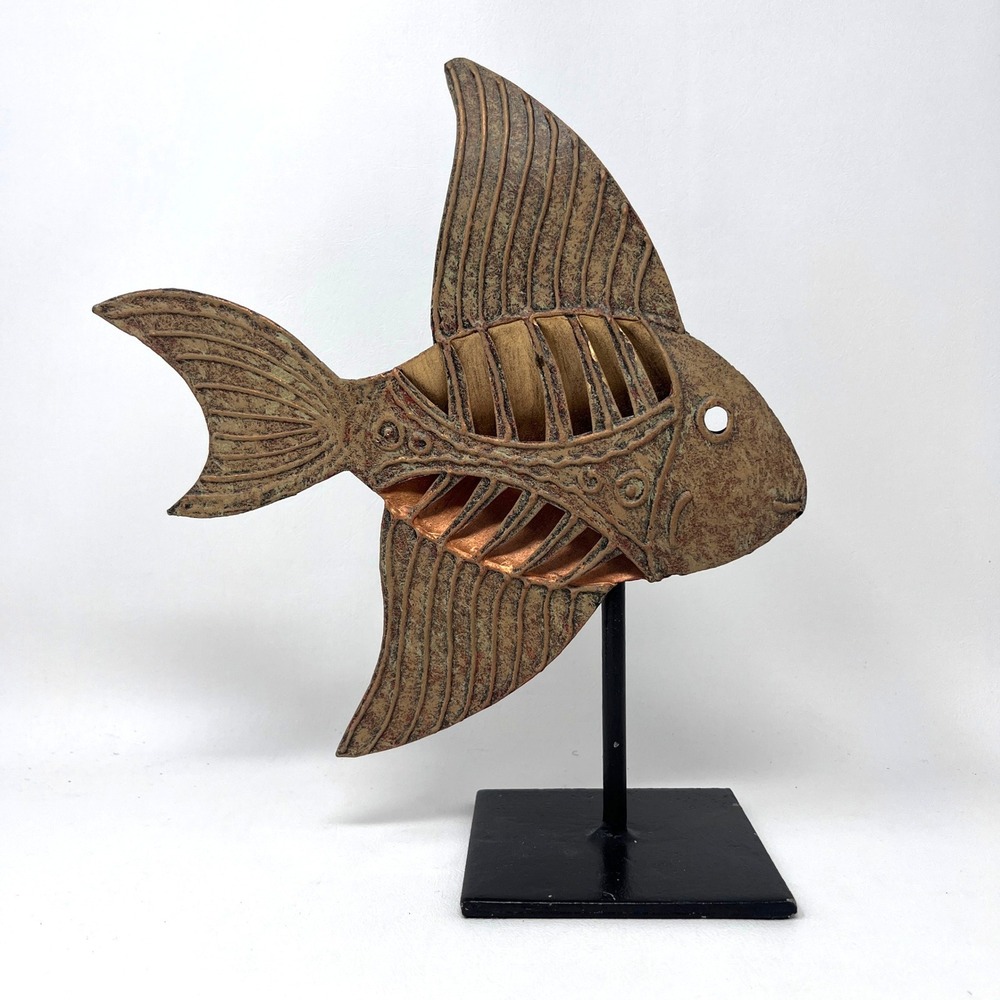 Pier 1 One Metal Fish Sculpture Pedestal Stand Bronze Copper Coastal Beach 11"